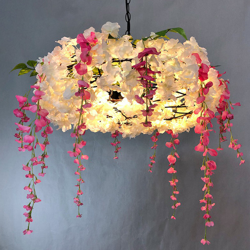 3-Bulb Round Hanging Lamp Loft Style Metal Pendant Light Fixture with Fake Flowers for Restaurant White 25.5