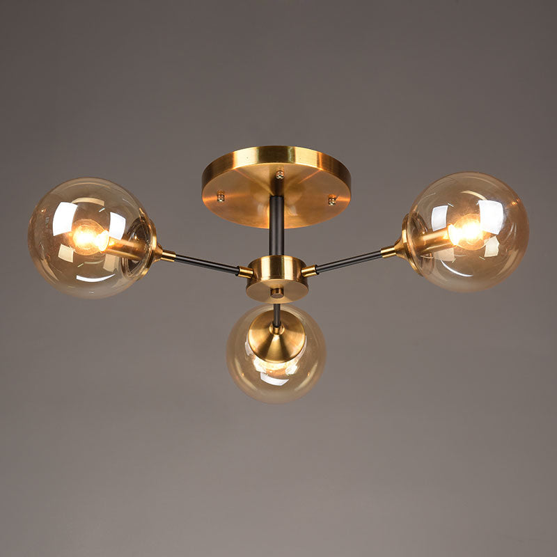 Burst Design Living Room Flushmount Ball Glass Postmodern Semi Flush Mount Light in Brass 3 Amber Clearhalo 'Ceiling Lights' 'Close To Ceiling Lights' 'Close to ceiling' 'Semi-flushmount' Lighting' 2408731