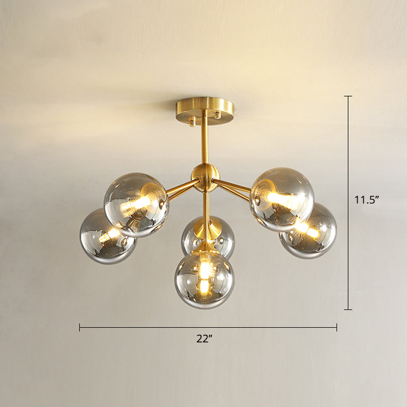 Gold Finish Branch Flush Light Postmodern Ball Glass Semi-Flush Mount Ceiling Light 6 Smoke Gray Clearhalo 'Ceiling Lights' 'Close To Ceiling Lights' 'Close to ceiling' 'Semi-flushmount' Lighting' 2408746