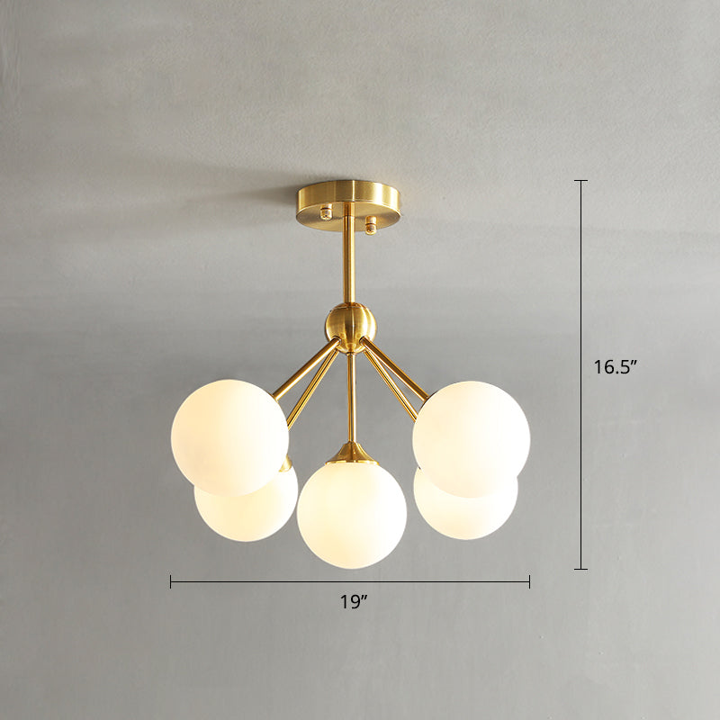 Gold Finish Branch Flush Light Postmodern Ball Glass Semi-Flush Mount Ceiling Light 5 White Clearhalo 'Ceiling Lights' 'Close To Ceiling Lights' 'Close to ceiling' 'Semi-flushmount' Lighting' 2408751