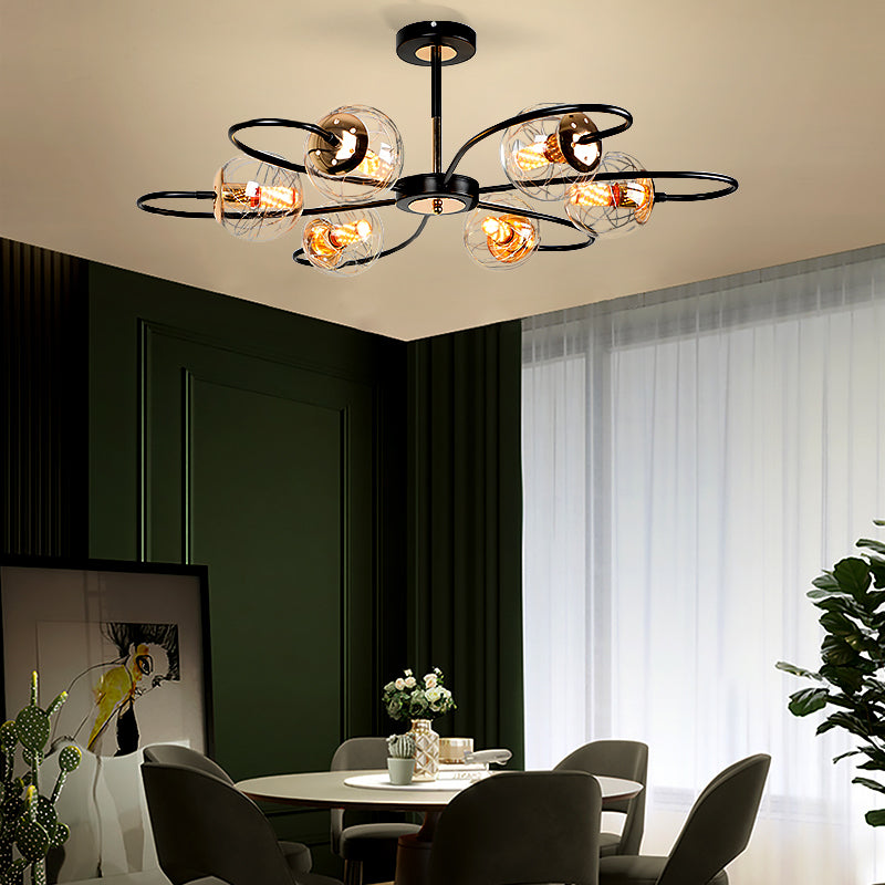 Black Floral Swirl Chandelier Minimalist Clear Ball Glass Pendant Light for Living Room Clearhalo 'Ceiling Lights' 'Chandeliers' 'Modern Chandeliers' 'Modern' Lighting' 2408831