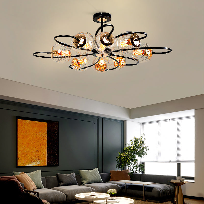 Black Floral Swirl Chandelier Minimalist Clear Ball Glass Pendant Light for Living Room Clearhalo 'Ceiling Lights' 'Chandeliers' 'Modern Chandeliers' 'Modern' Lighting' 2408835