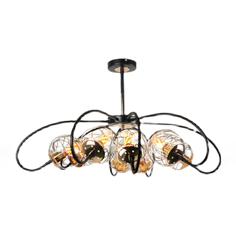 Black Floral Swirl Chandelier Minimalist Clear Ball Glass Pendant Light for Living Room Clearhalo 'Ceiling Lights' 'Chandeliers' 'Modern Chandeliers' 'Modern' Lighting' 2408836