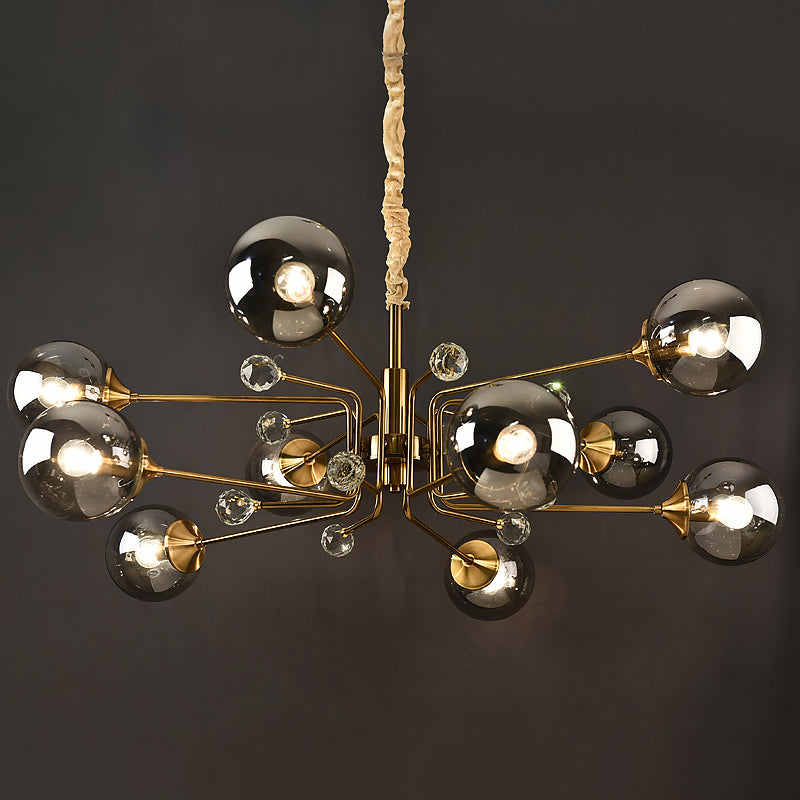 Postmodern Sputnik Ceiling Light Closed Glass Bedroom Hanging Chandelier in Brass 10 Smoke Gray Clearhalo 'Ceiling Lights' 'Chandeliers' 'Modern Chandeliers' 'Modern' Lighting' 2408856