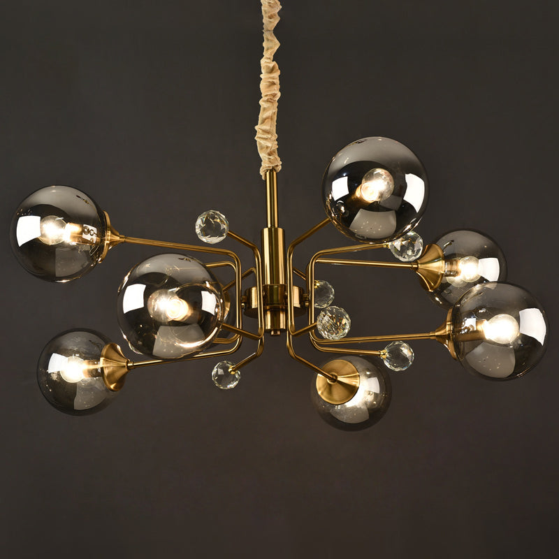 Postmodern Sputnik Ceiling Light Closed Glass Bedroom Hanging Chandelier in Brass 8 Smoke Gray Clearhalo 'Ceiling Lights' 'Chandeliers' 'Modern Chandeliers' 'Modern' Lighting' 2408858