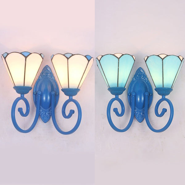 Stained Glass White/Blue Cone Sconce Lighting Modernism 2 Lights Wall Light Fixture in Blue Finish Clearhalo 'Industrial' 'Middle century wall lights' 'Tiffany wall lights' 'Tiffany' 'Wall Lamps & Sconces' 'Wall Lights' Lighting' 24090