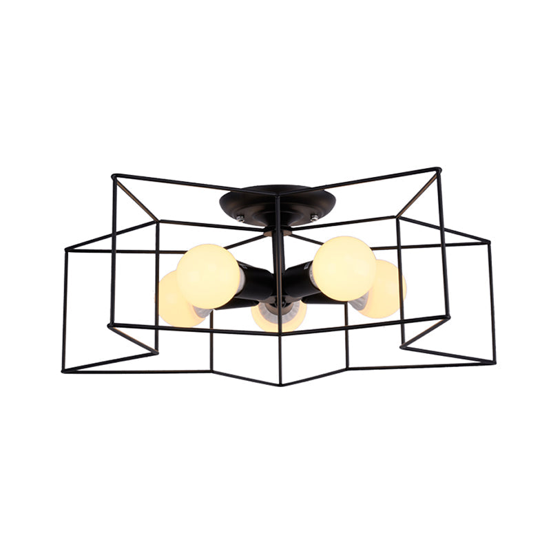 Black Caged Semi Flush Ceiling Light Industrial Iron 1-Light Corridor Flush Mount Light Clearhalo 'Ceiling Lights' 'Close To Ceiling Lights' 'Close to ceiling' 'Semi-flushmount' Lighting' 2409086