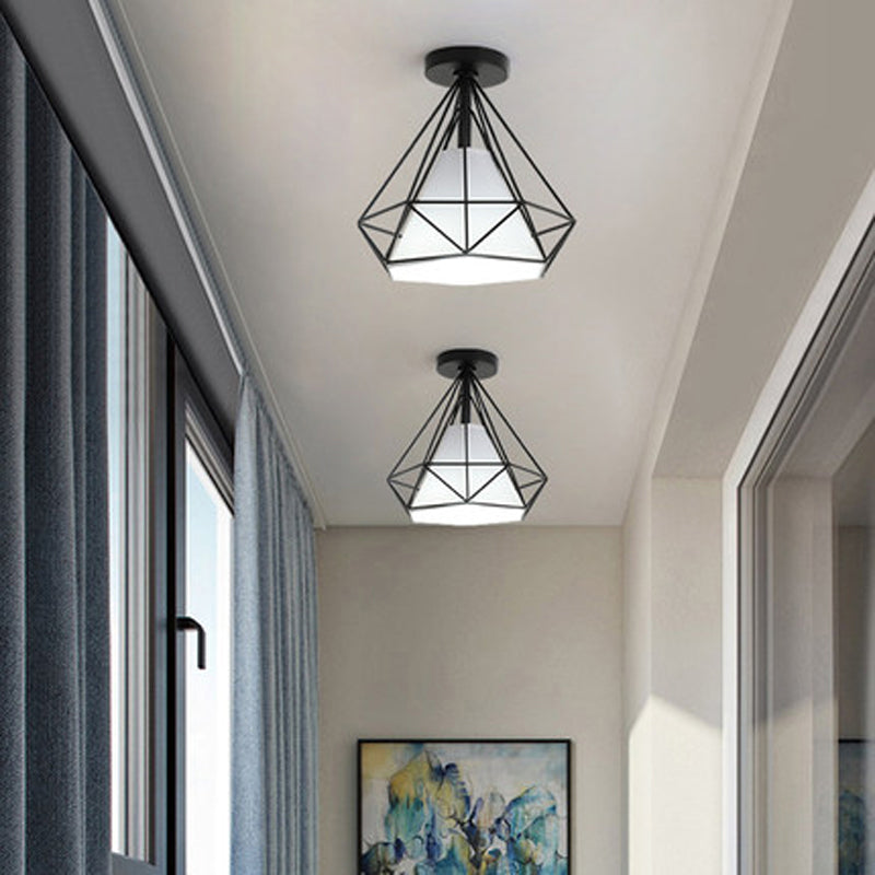 Single-Bulb Diamond Ceiling Lamp Vintage Metal Semi Mount Lighting with Fabric Shade Inside Black Clearhalo 'Ceiling Lights' 'Close To Ceiling Lights' 'Close to ceiling' 'Semi-flushmount' Lighting' 2409094