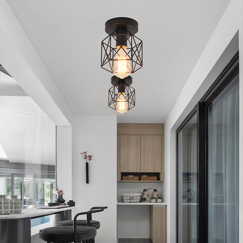 Hexagonal Balcony Ceiling Light Industrial Iron 1-Bulb Semi Flush Mount Light Fixture Clearhalo 'Ceiling Lights' 'Close To Ceiling Lights' 'Close to ceiling' 'Semi-flushmount' Lighting' 2409098