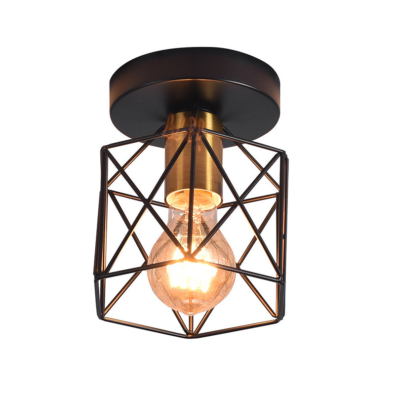 Hexagonal Balcony Ceiling Light Industrial Iron 1-Bulb Semi Flush Mount Light Fixture Gold Clearhalo 'Ceiling Lights' 'Close To Ceiling Lights' 'Close to ceiling' 'Semi-flushmount' Lighting' 2409100