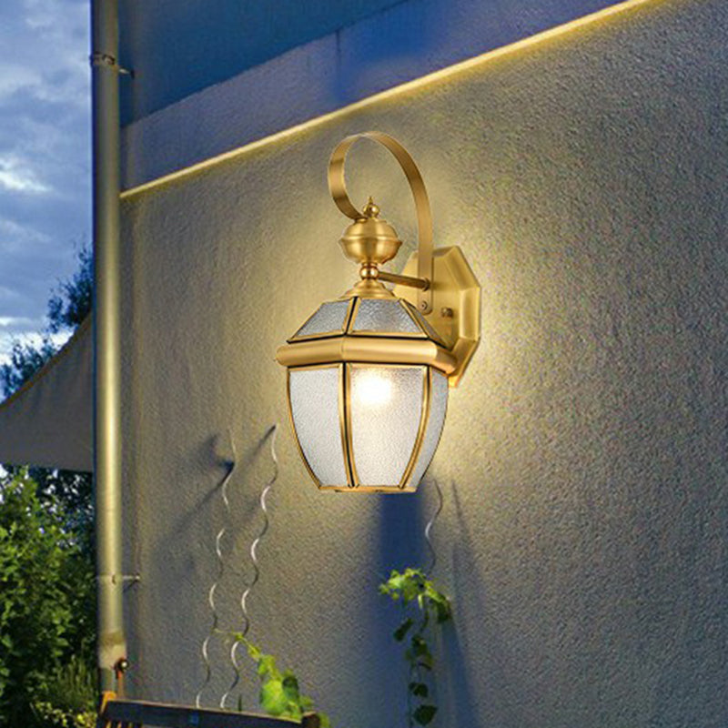 Brass Lantern Wall Sconce Traditional Clear Glass Outdoor Wall Mounted Light Fixture Brass Hexagon Clearhalo 'Wall Lamps & Sconces' 'Wall Lights' Lighting' 2409170