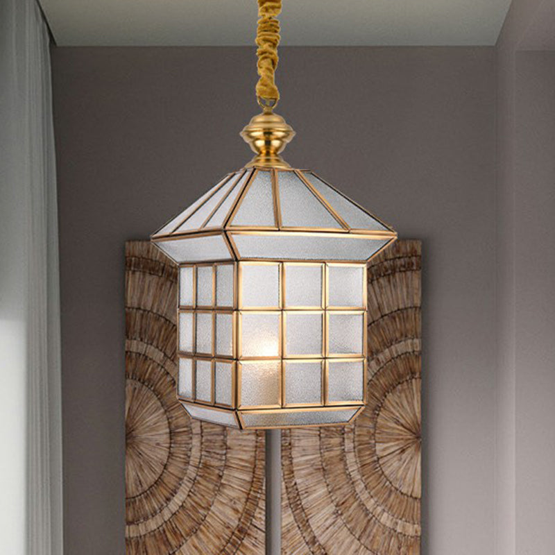 House Shaped Corridor Pendant Lamp Vintage Glass 1 Bulb Brass Hanging Light Fixture Clearhalo 'Ceiling Lights' 'Pendant Lights' 'Pendants' Lighting' options 2409186