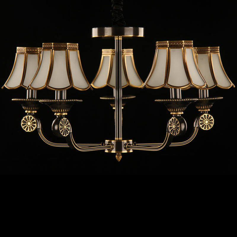 Gold and Black Flared Chandelier Traditional Frosted Glass Bedroom Suspension Light Fixture Clearhalo 'Ceiling Lights' 'Chandeliers' Lighting' options 2409202