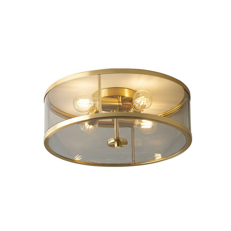 4-Bulb Drum Flush Ceiling Light Simplicity Brass Clear Glass Flush Mount Light for Bedroom Clearhalo 'Ceiling Lights' 'Close To Ceiling Lights' 'Close to ceiling' 'Flush mount' Lighting' 2409208