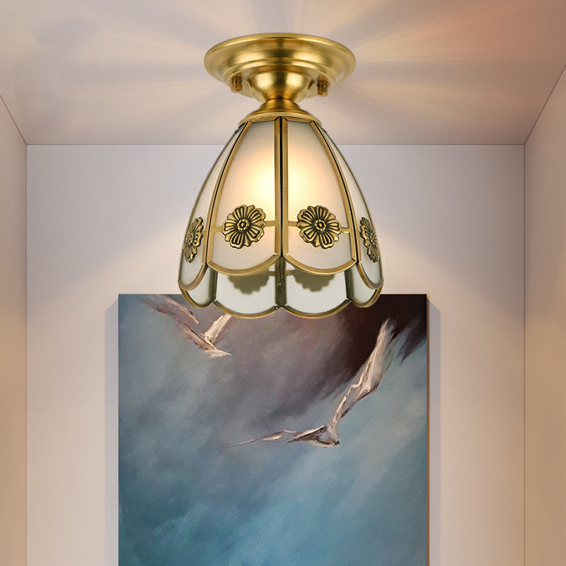 Brass Small Ceiling Flush Light Colonial Glass Balcony Flush Mount Lighting Fixture Brass Cone Clearhalo 'Ceiling Lights' 'Close To Ceiling Lights' 'Close to ceiling' 'Flush mount' Lighting' 2409230