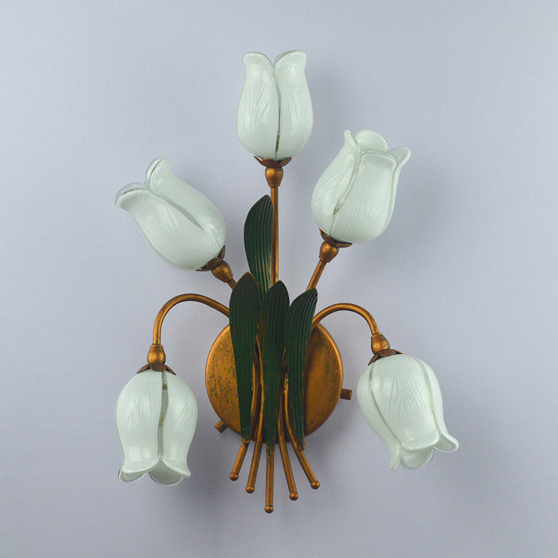 Romantic Pastoral Tulip Wall Light 5 Bulbs Opaque Glass Wall Sconce for Living Room Clearhalo 'Wall Lamps & Sconces' 'Wall Lights' Lighting' 2415131