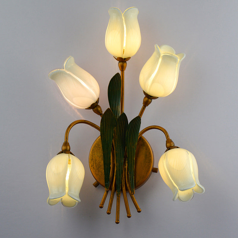 Romantic Pastoral Tulip Wall Light 5 Bulbs Opaque Glass Wall Sconce for Living Room White Clearhalo 'Wall Lamps & Sconces' 'Wall Lights' Lighting' 2415132