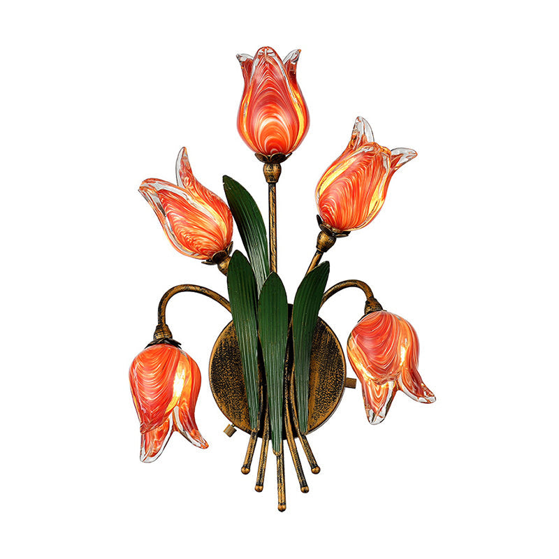 Romantic Pastoral Tulip Wall Light 5 Bulbs Opaque Glass Wall Sconce for Living Room Red Clearhalo 'Wall Lamps & Sconces' 'Wall Lights' Lighting' 2415134