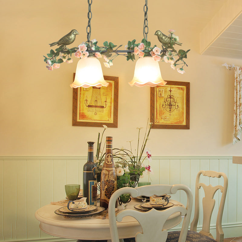 White Glass Island Light American Flower Rose Restaurant Suspension Light Fixture 2 White Clearhalo 'Ceiling Lights' 'Island Lights' Lighting' 2415138