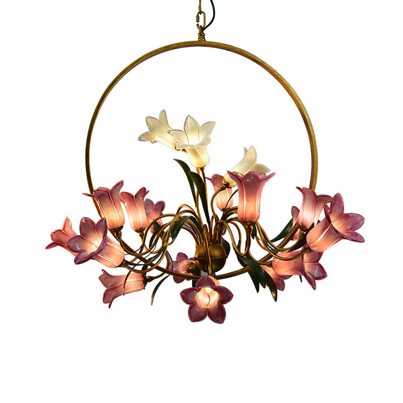 Lily Flower Living Room Chandelier Rustic Hand-Blown Glass Hanging Light with Metal Ring Clearhalo 'Ceiling Lights' 'Chandeliers' Lighting' 2415150