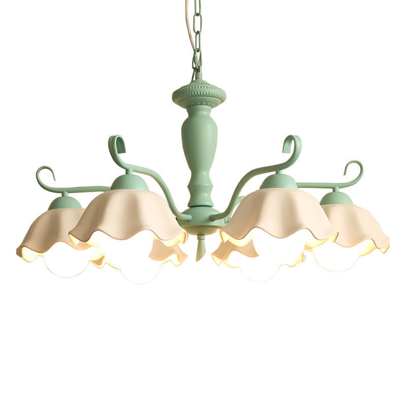 6-Light Ruffle Hanging Lamp Korean Flower Ceramic Chandelier Light for Living Room Clearhalo 'Ceiling Lights' 'Chandeliers' Lighting' 2415153