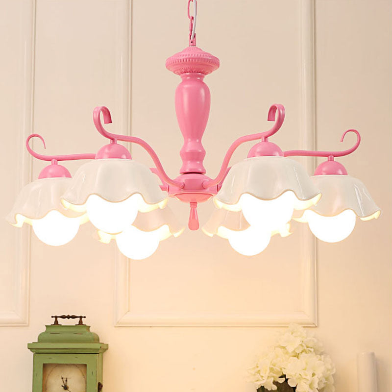 6-Light Ruffle Hanging Lamp Korean Flower Ceramic Chandelier Light for Living Room Pink Clearhalo 'Ceiling Lights' 'Chandeliers' Lighting' 2415155