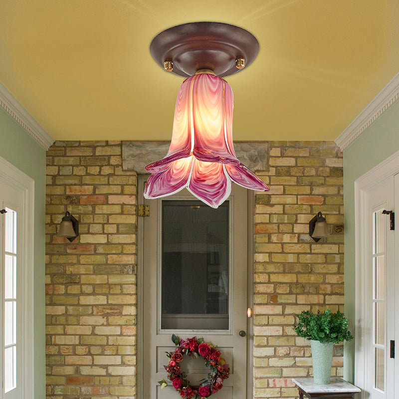 Flower Small Aisle Ceiling Light Fixture Pastoral Glass 1-Bulb Coffee Finish Semi Flush Light Clearhalo 'Ceiling Lights' 'Close To Ceiling Lights' 'Close to ceiling' 'Semi-flushmount' Lighting' 2415186