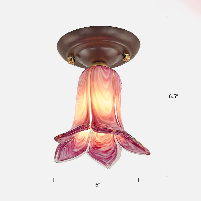 Flower Small Aisle Ceiling Light Fixture Pastoral Glass 1-Bulb Coffee Finish Semi Flush Light Purple Clearhalo 'Ceiling Lights' 'Close To Ceiling Lights' 'Close to ceiling' 'Semi-flushmount' Lighting' 2415190