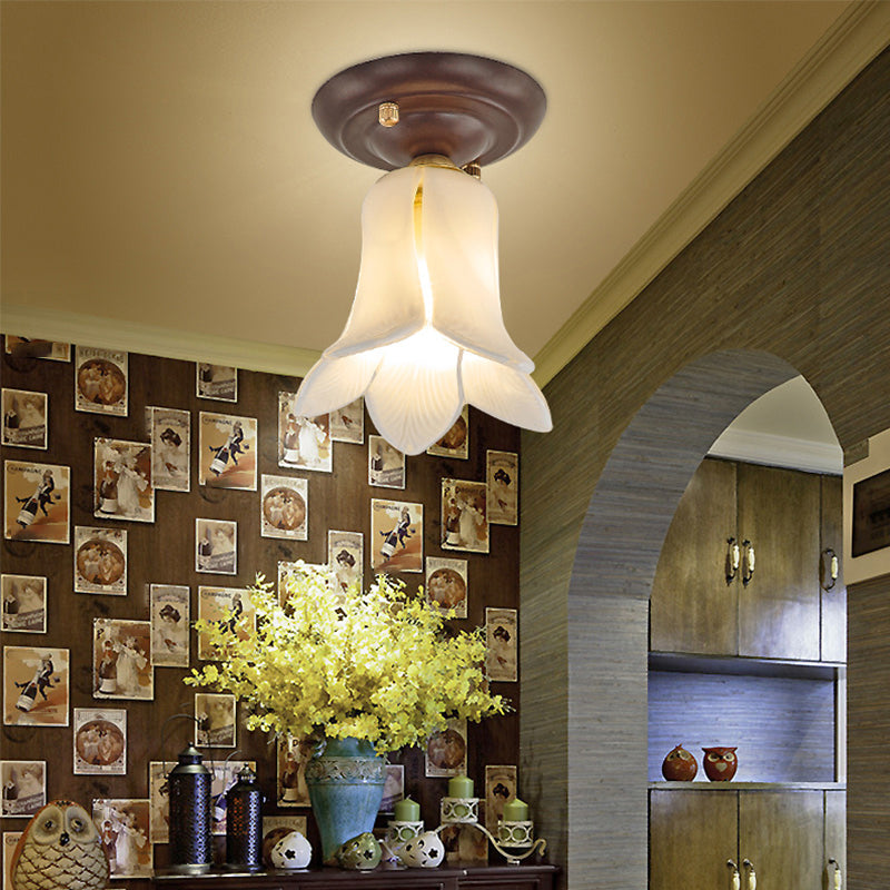 Flower Small Aisle Ceiling Light Fixture Pastoral Glass 1-Bulb Coffee Finish Semi Flush Light Clearhalo 'Ceiling Lights' 'Close To Ceiling Lights' 'Close to ceiling' 'Semi-flushmount' Lighting' 2415192