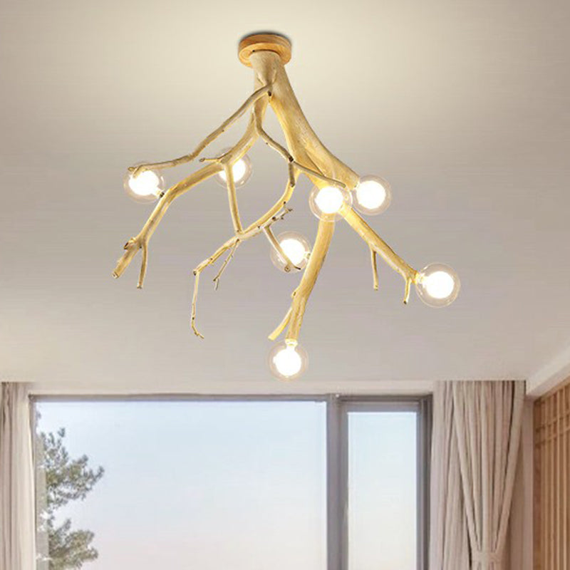 Wood Tree Branch Ceiling Light Japanese Style 8-Bulb Metal Semi Flush Mount Light for Dining Room Clearhalo 'Ceiling Lights' 'Close To Ceiling Lights' 'Close to ceiling' 'Semi-flushmount' Lighting' 2415231