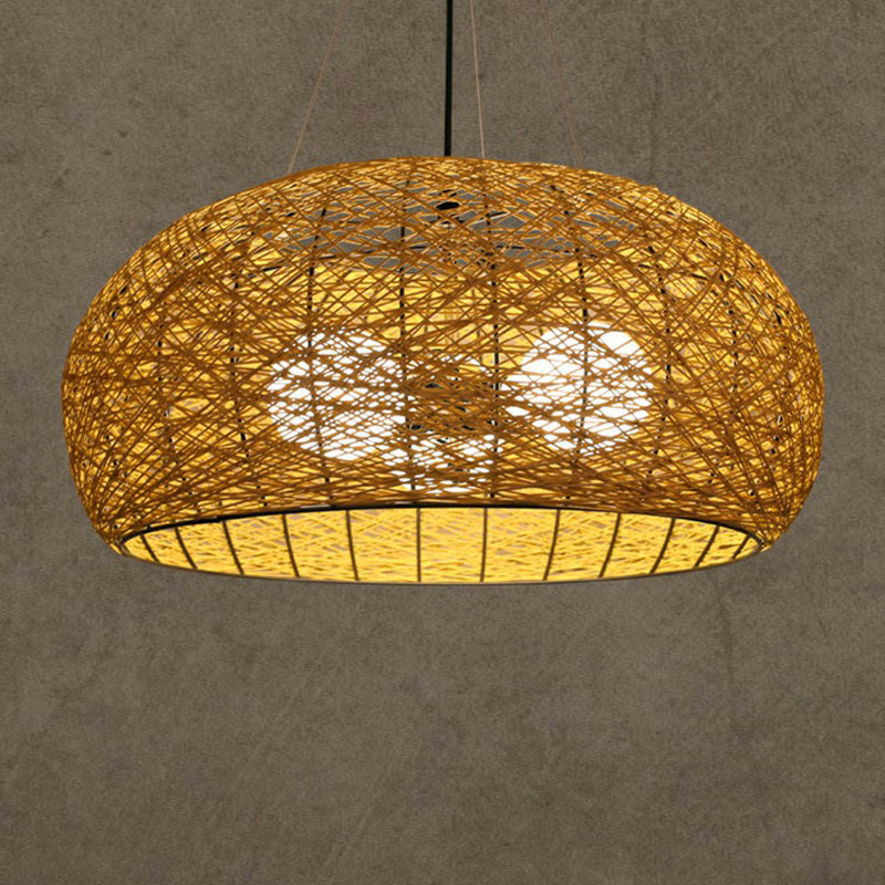 Rattan Nest Round Chandelier Novelty Asian Style Pendant Lighting Fixture for Tea Room Wood 23.5