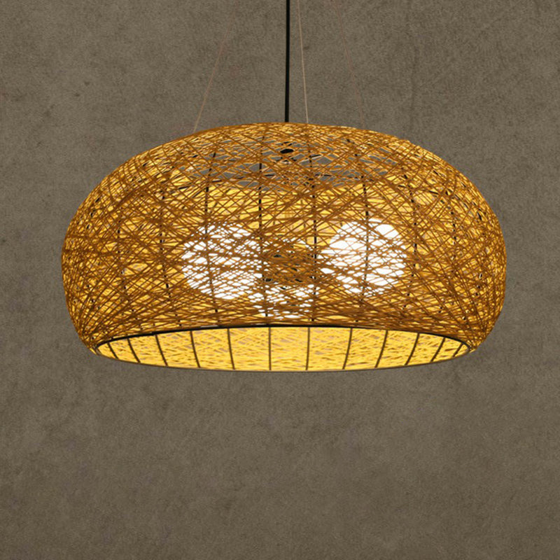 Rattan Nest Round Chandelier Novelty Asian Style Pendant Lighting Fixture for Tea Room Wood 18