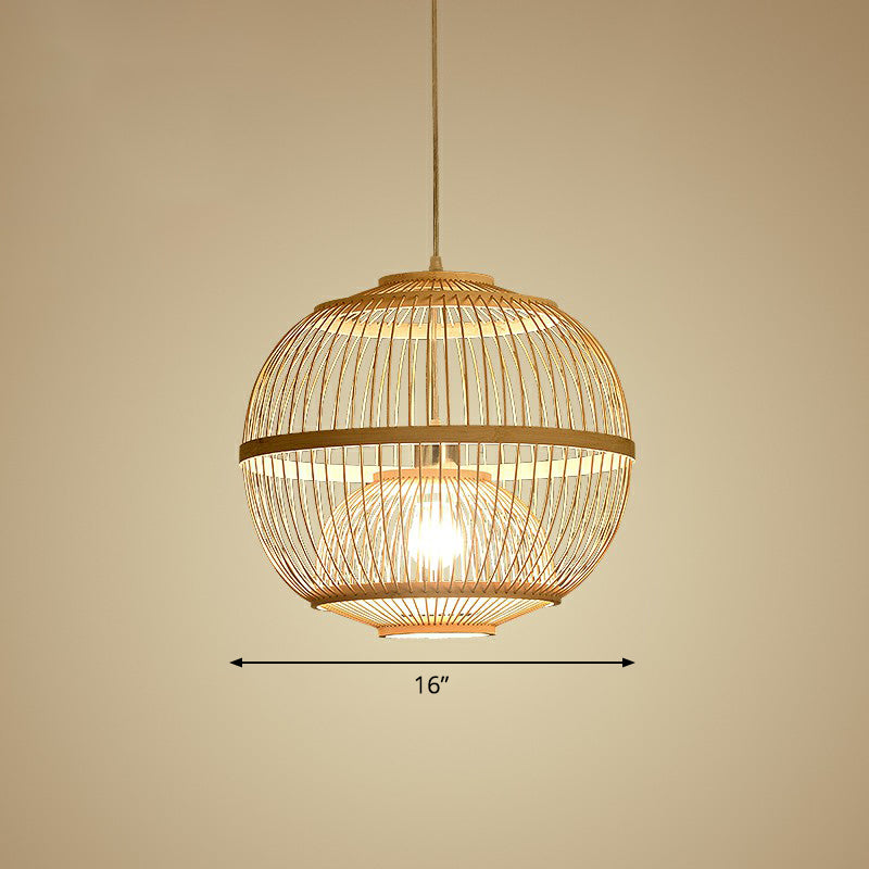 Wood Rounded Cage Suspension Light Nordic 1 Head Bamboo Pendant Lamp for Dining Room Wood 16