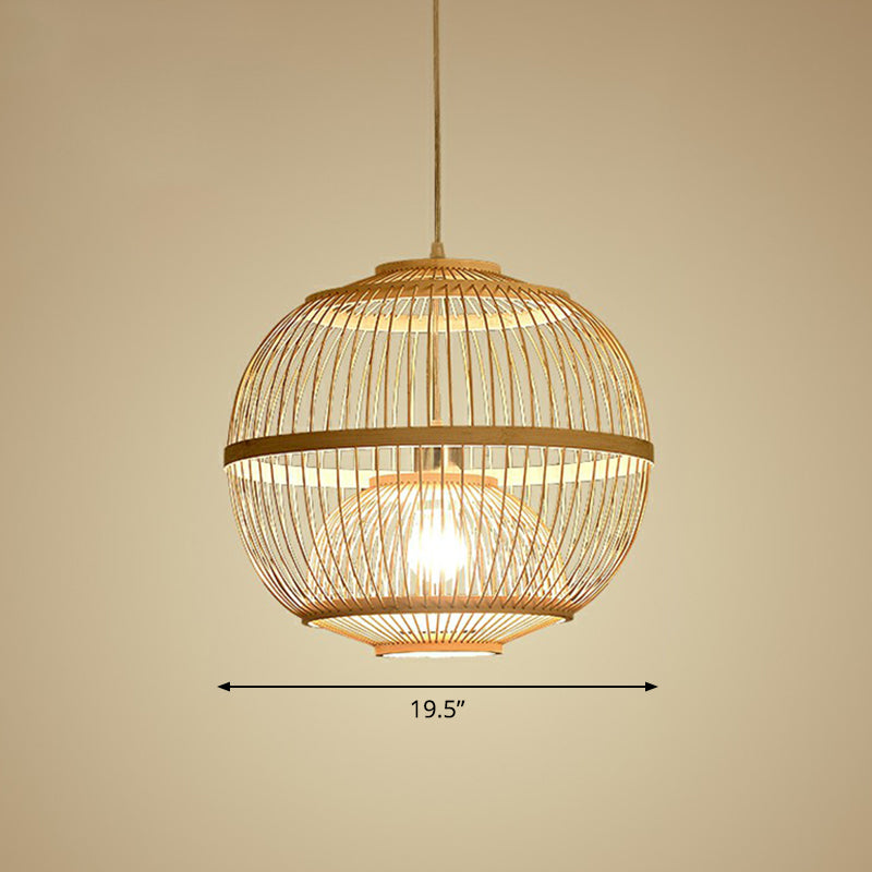 Wood Rounded Cage Suspension Light Nordic 1 Head Bamboo Pendant Lamp for Dining Room Wood 19.5