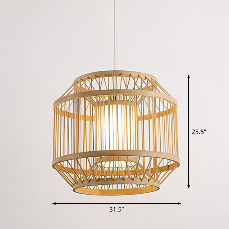 3-Shade Hanging Pendant Light Modern Bamboo Single Restaurant Ceiling Lamp in Wood Wood 31.5