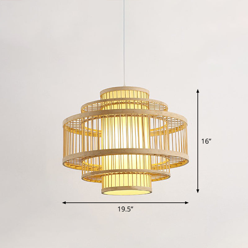 3-Shade Hanging Pendant Light Modern Bamboo Single Restaurant Ceiling Lamp in Wood Wood 19.5