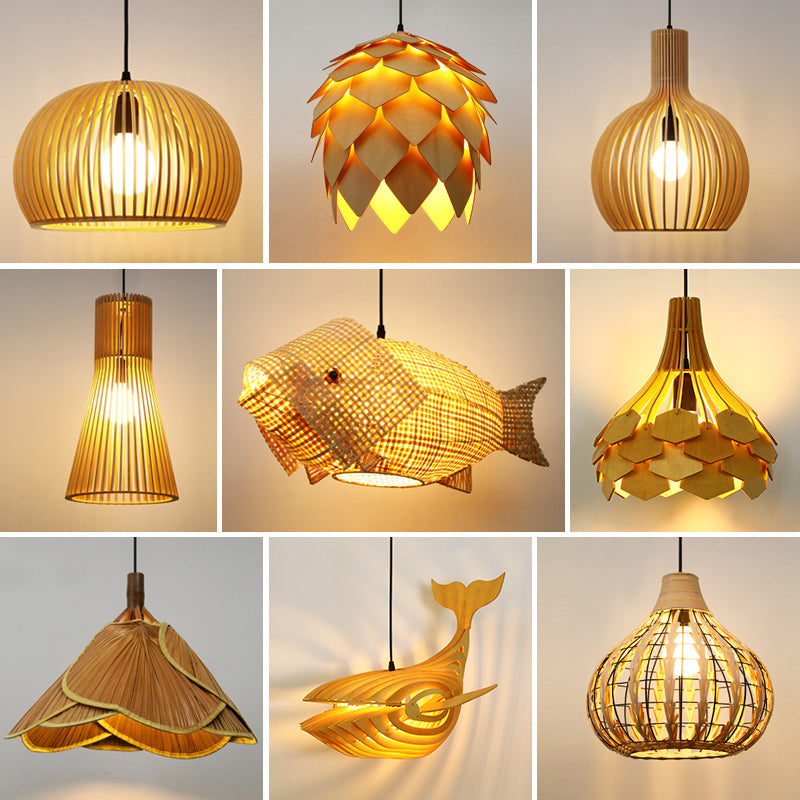 Hand-Worked Bamboo Hanging Light Fixture Asian 1 Bulb Wood Suspension Lamp for Tea Room Clearhalo 'Ceiling Lights' 'Modern Pendants' 'Modern' 'Pendant Lights' 'Pendants' Lighting' 2415357