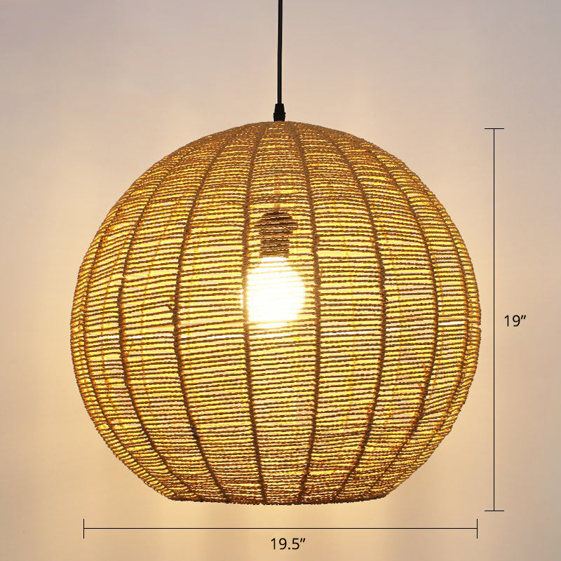 Sphere Shaped Rattan Suspension Light Minimalist 1 Head Pendant Ceiling Light for Restaurant Wood 19.5