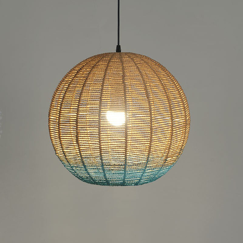 Asian Creative Spherical Pendant Lamp Rattan 1 Bulb Restaurant Ceiling Light in Wood and Blue Clearhalo 'Ceiling Lights' 'Modern Pendants' 'Modern' 'Pendant Lights' 'Pendants' Lighting' 2415375