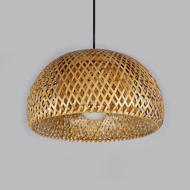 2-Layered Dome Ceiling Hang Lamp Simplicity Bamboo Single-Bulb Tea Room Pendant Light in Wood Wood 12