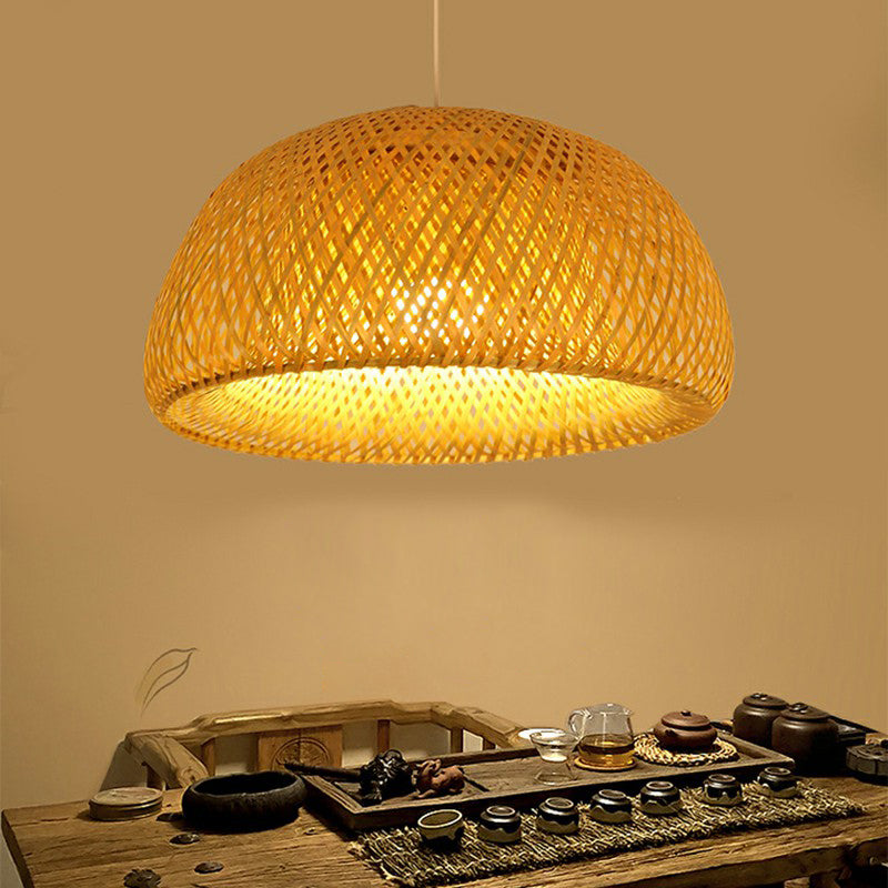 2-Layered Dome Ceiling Hang Lamp Simplicity Bamboo Single-Bulb Tea Room Pendant Light in Wood Clearhalo 'Ceiling Lights' 'Modern Pendants' 'Modern' 'Pendant Lights' 'Pendants' Lighting' 2415380