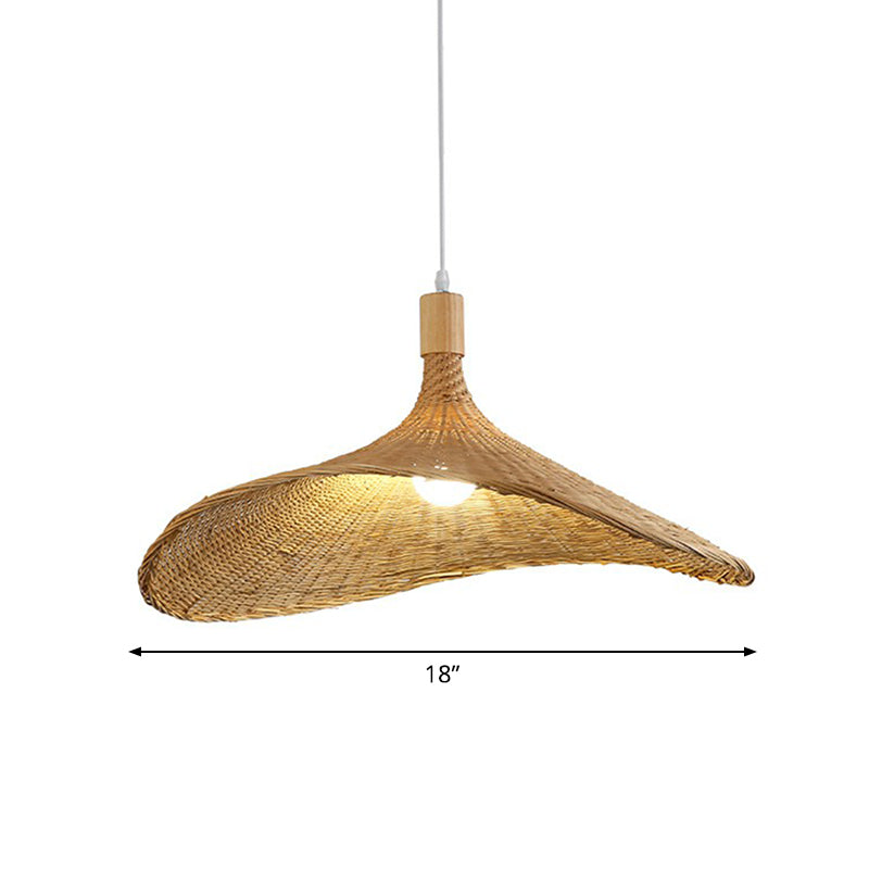 Hat Shaped Pendant Lighting Fixture Asian Bamboo 1-Light Wood Hanging Lamp for Tearoom Wood 18