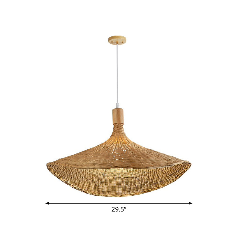 Hat Shaped Pendant Lighting Fixture Asian Bamboo 1-Light Wood Hanging Lamp for Tearoom Wood 29.5