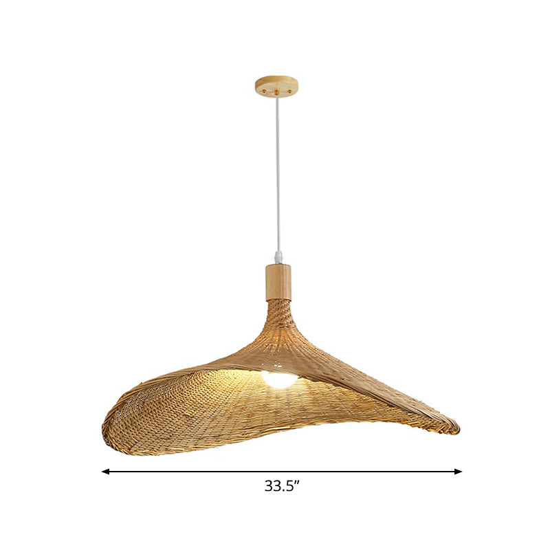 Hat Shaped Pendant Lighting Fixture Asian Bamboo 1-Light Wood Hanging Lamp for Tearoom Wood 33.5