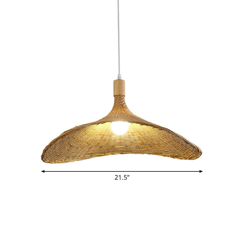 Hat Shaped Pendant Lighting Fixture Asian Bamboo 1-Light Wood Hanging Lamp for Tearoom Wood 21.5