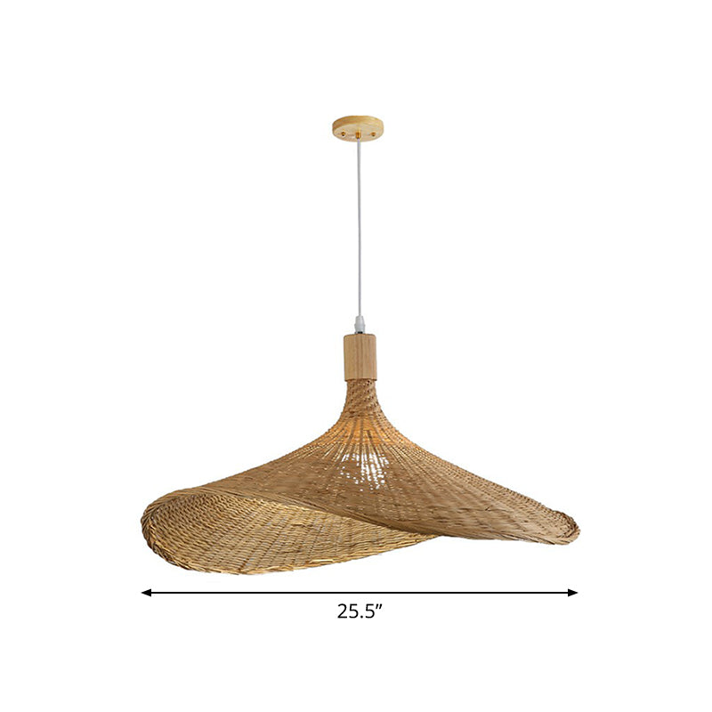 Hat Shaped Pendant Lighting Fixture Asian Bamboo 1-Light Wood Hanging Lamp for Tearoom Wood 25.5