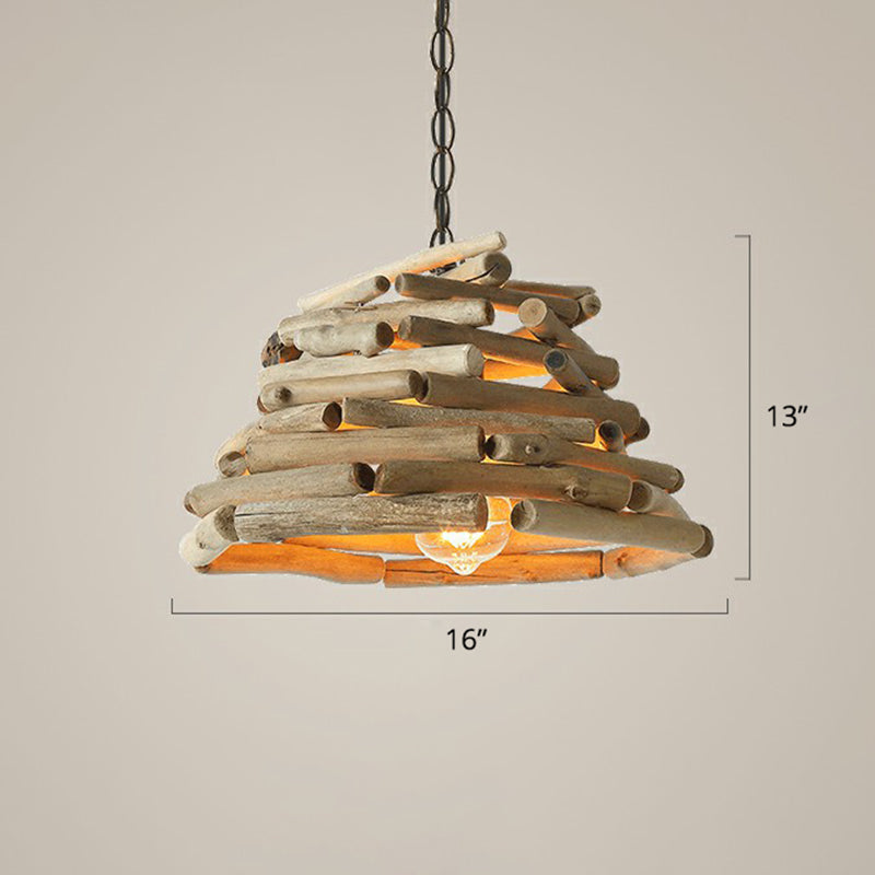 Stacked Sticks Suspension Lamp Lodge Wooden Single Dining Room Pendant Light Fixture Wood 16