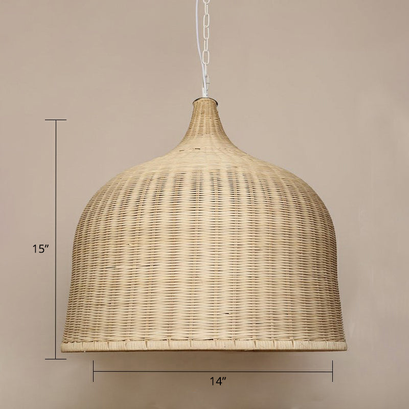 Modern Cloche Shaped Hanging Lamp Bamboo 1-Light Bedroom Ceiling Light Fixture in Wood Wood 14