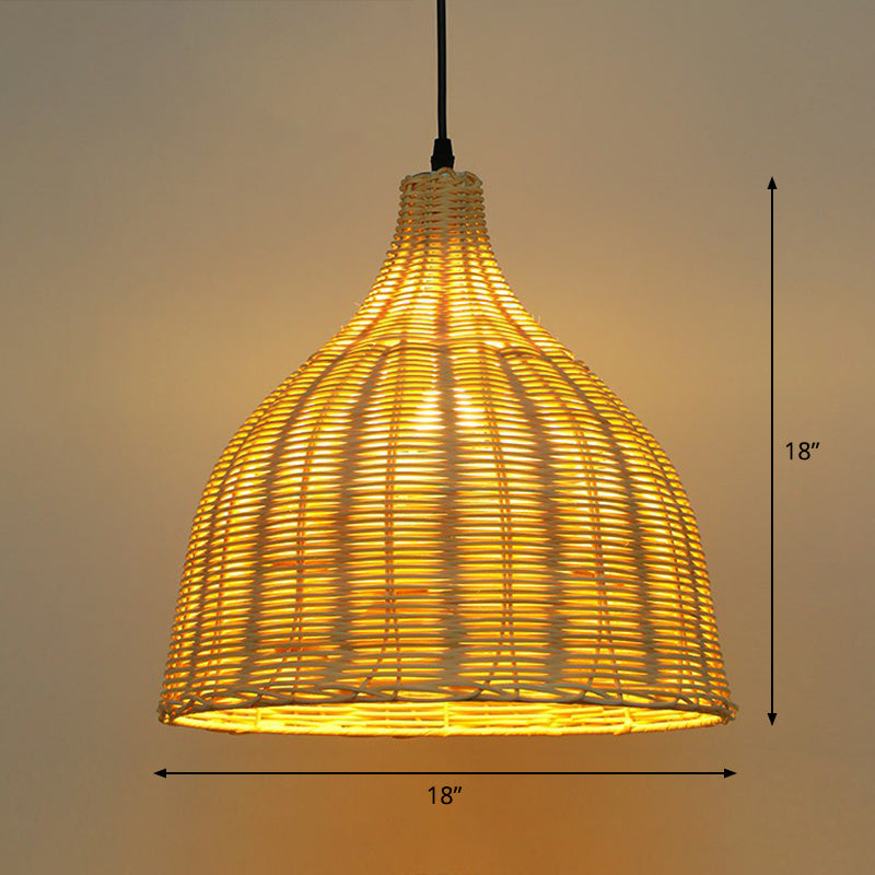 Bell Shade Tea Room Pendant Lighting Bamboo Single-Bulb Asian Ceiling Suspension Lamp in Wood Wood 18