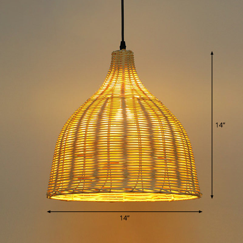 Bell Shade Tea Room Pendant Lighting Bamboo Single-Bulb Asian Ceiling Suspension Lamp in Wood Wood 14